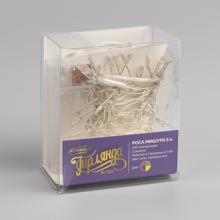 Гирлянда &laquo;Мишура&raquo; 5 м роса, IP20, серебристая нить, 100 LED, 2 режима, батарейки AAх3 (нет в комплекте), свечение мульти