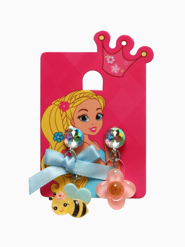 Серьги-клипсы детские "Выбражулька" пчела с бантом, цветок с кругом кристалл, цветные