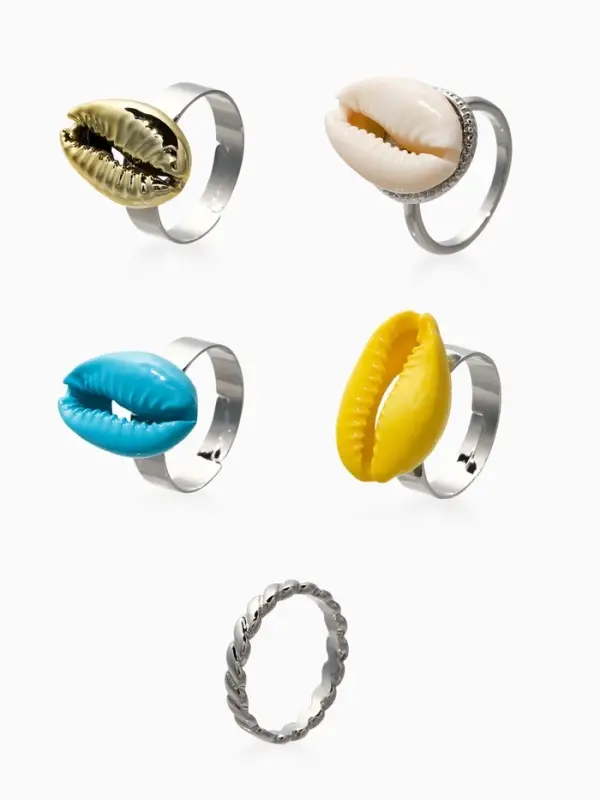 Набор колец 5 шт "Новый стиль" ракушки, размер МИКС, цветные в  серебре
