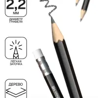 Карандаш чернографитный с ластиком Erich Krause &laquo;Jet Black 101&raquo;, HB, грифель d=2.2 мм, дерево, шестигранный в тубусе, чёрный корпус