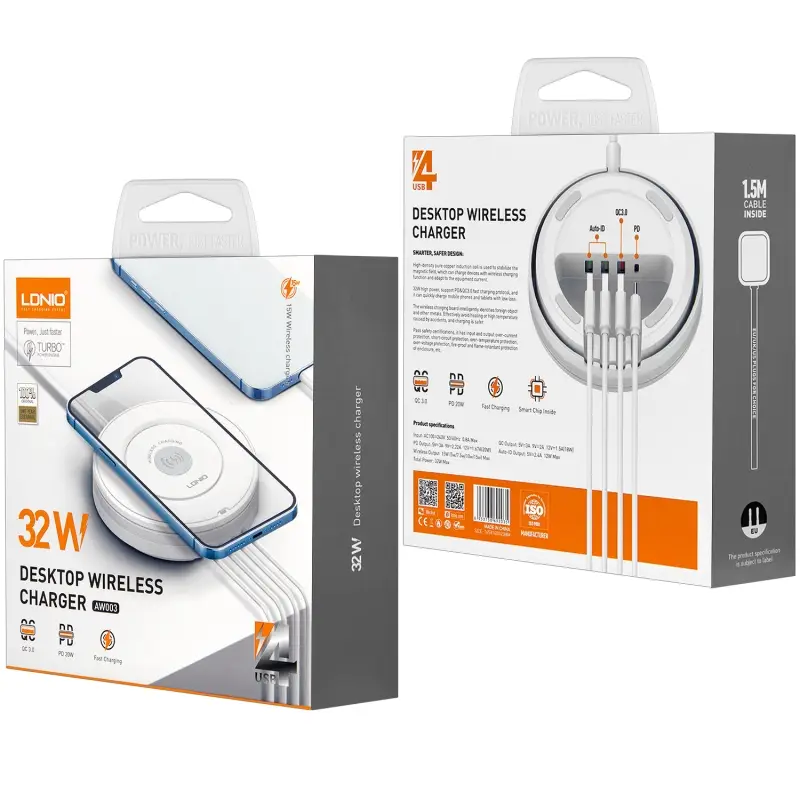 Беспроводное зарядное устройство + 3 USB + Type-C 32W  AW003 LDNIO (50шт/кор)