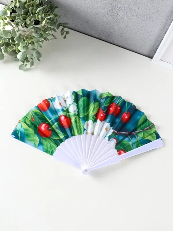 Веер пластик, текстиль "Вишня и цветки" МИКС 23 см