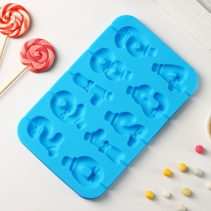 Форма для леденцов Доляна &laquo;Цифры-мальчики&raquo;, силикон, 22&times;14&times;1 см, 10 ячеек (5,5&times;3,5 см), с палочками, цвет синий