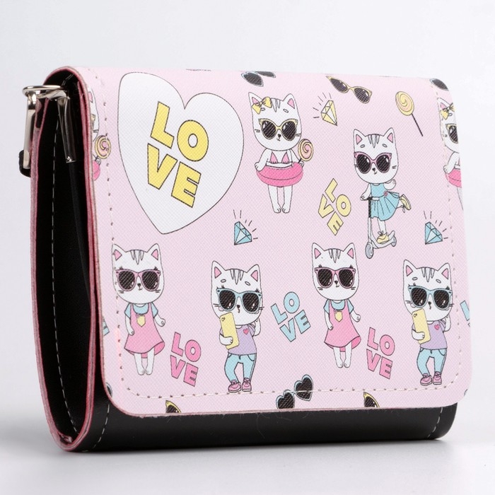 Сумка детская для девочки "Кошечка", на клапане, цвет чёрный/розовый, 15х4х12 см