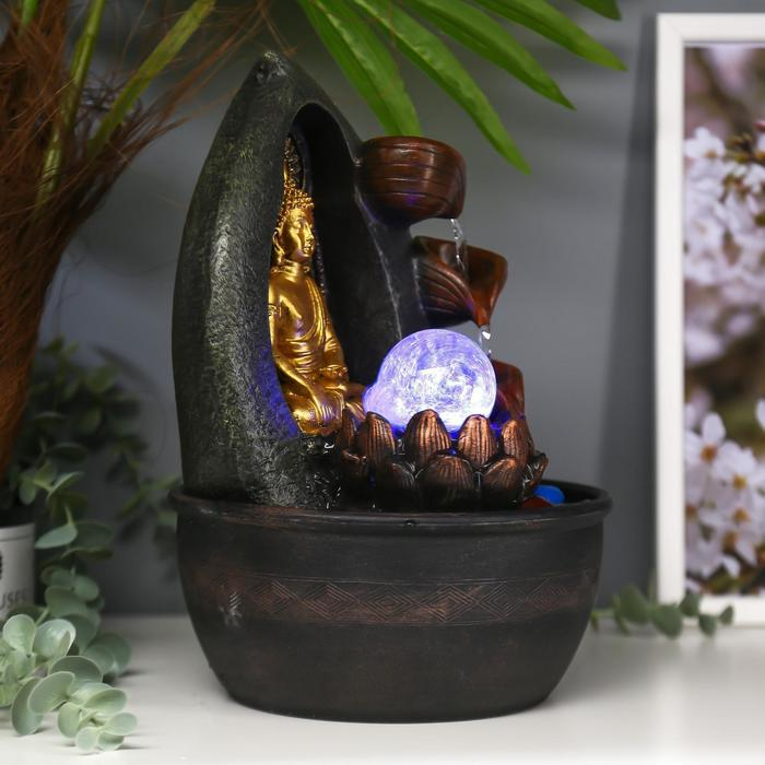 Фонтан настольный от сети, подсветка "Золотой Будда с лотосом у водопада" 28х19х19 см