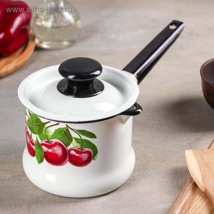 Ковш эмалированный &laquo;Вишневый сад&raquo;, 1 л, металлическая ручка, цвет белый