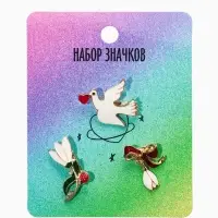 Броши "Голубь, подснежники" (набор 3шт), цветной в золоте