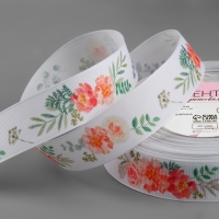 Лента репсовая &laquo;Пионы&raquo;, 25 мм, 23 &plusmn; 1 м, цвет белый
