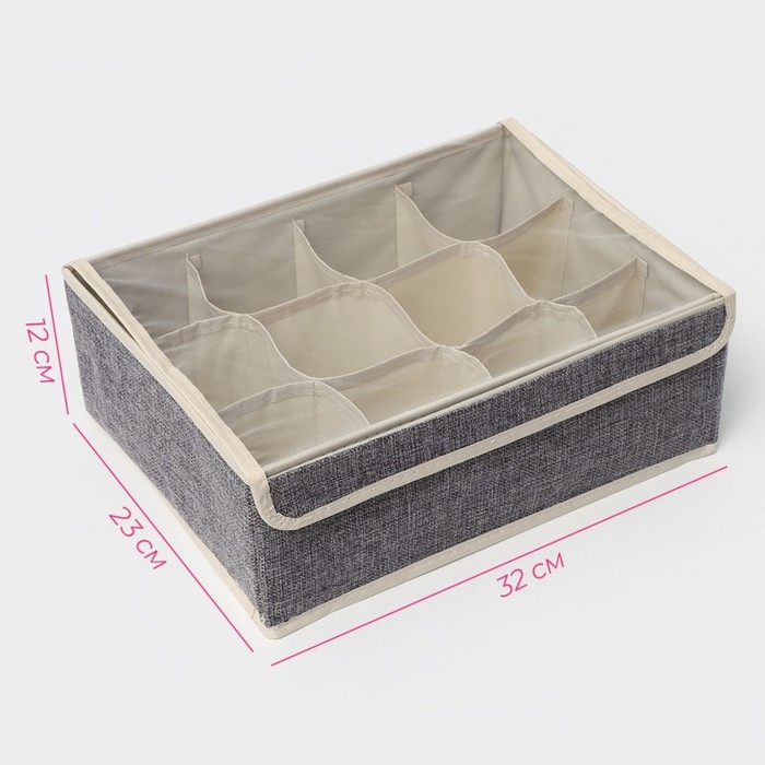 Органайзер для хранения белья Доляна &laquo;Тео&raquo;, 12 ячеек, с прозрачной крышкой, 32&times;23&times;12 см, цвет серый