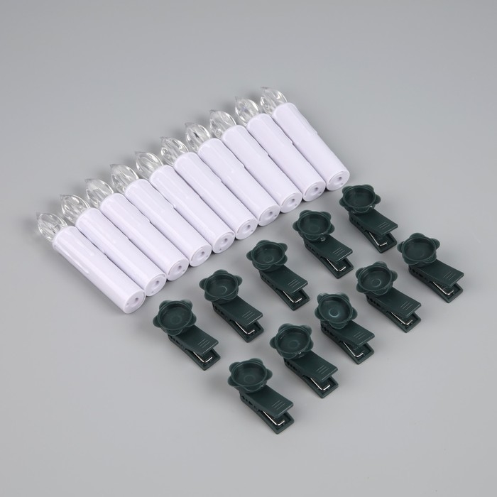 Светодиодные свечи на прищепках 10 см, 10 штук, батарейки ААх1 (не в комплекте), пульт ДУ, свечение мульти (RGB) Светодиодные свечи на прищепках 10 см, 10 штук, батарейки ААх1 (не в комплекте), пульт ДУ, свечение мульти (RGB)