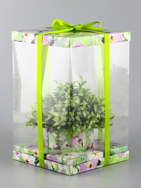Коробка PVC, для цветов с лентой, 28 х 18 х 18 см, зеленый