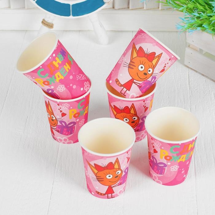 Стакан бумажный &laquo;Три кота&raquo;, в наборе 6 шт., 180 мл, цвет розовый