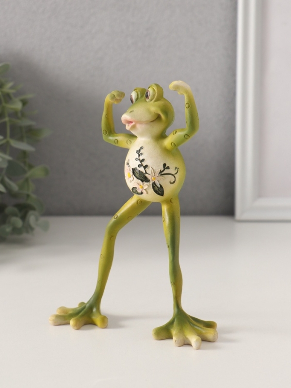 Сувенир полистоун "Лягушонок-силач, с цветами на животике" 11,5х3,5х16 см