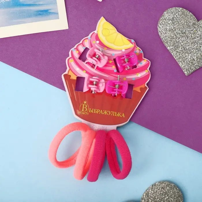 Набор для волос "Маленькая радость" (4 резинки, 4 краба) пироженка, розовый