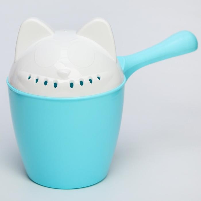 Ковш пластиковый для купания и мытья головы, детский банный ковшик &laquo;Котофей&raquo;, 1 л., с леечкой, цвет голубой