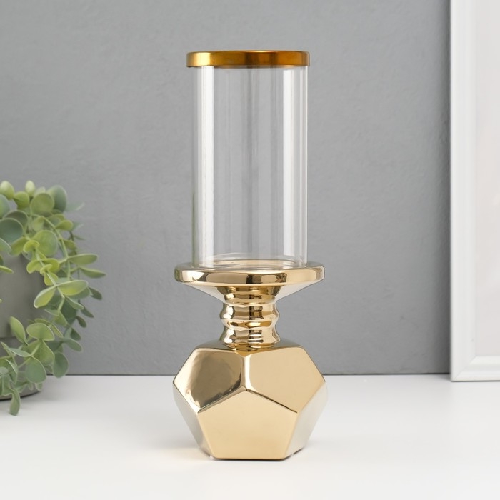 Подсвечник керамика, стекло на 1 свечу "Грани" d=7,5 см золото 10,5х10,5х27 см