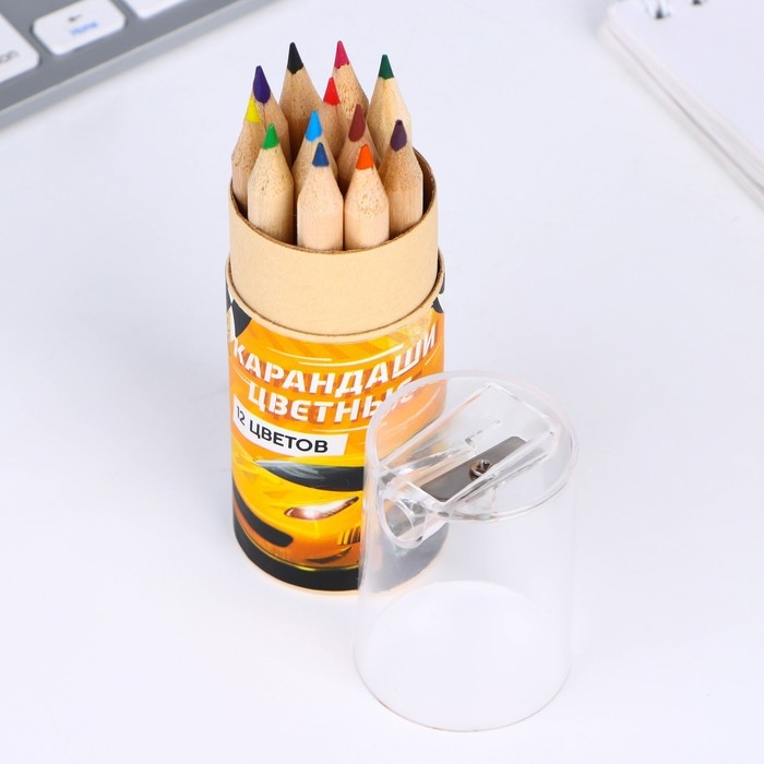 Набор цветных карандашей мини в тубусе &laquo;Гонки&raquo;, 12 шт, с точилкой