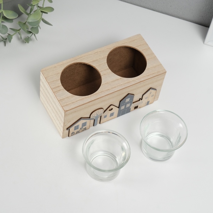 Подсвечник дерево на 2 свечи "Домики" d=4 см 7,7х15,5х8 см