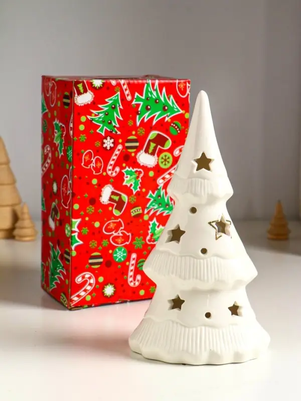 Сувенир керамика свет "Ёлочка и звёзды" белый с золотом 10,7х6,8х20 см