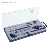 Готовальня 8 предметов (2 циркуля 150 мм, 105 мм, 2 удлинителя, грифель, 2 рейсфедера, центрик, держатель для карандаша), в пластиковом пенале