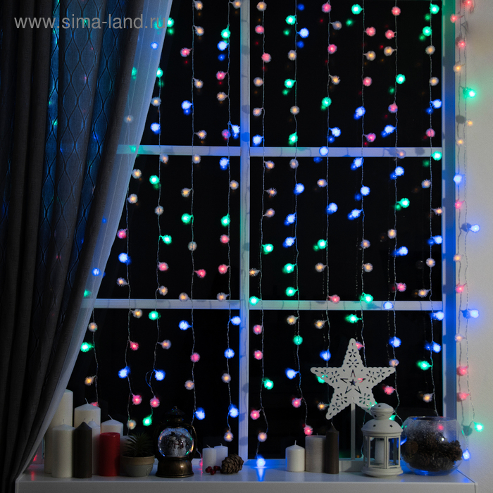 Гирлянда &laquo;Занавес&raquo; 2 &times; 1.5 м с насадками &laquo;Ёжики&raquo;, IP20, прозрачная нить, 360 LED, свечение мульти, 8 режимов, 220 В