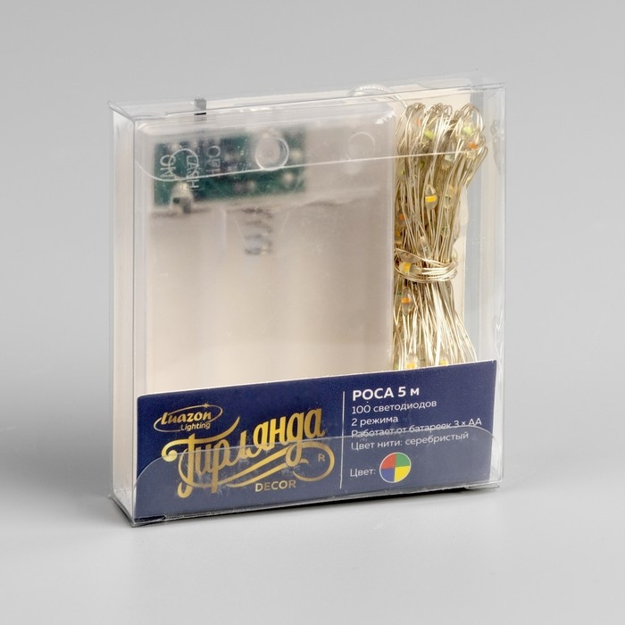 Гирлянда &laquo;Нить&raquo; 5 м роса, IP20, серебристая нить, 100 LED, 2 режима, батарейки AAх3 (не в комплекте), свечение мульти
