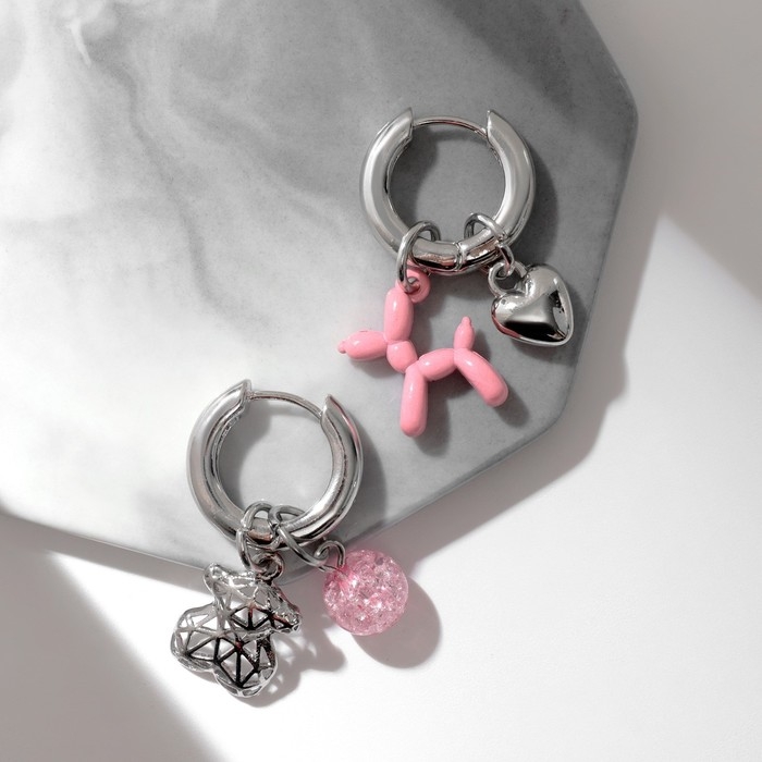 Серьги со съёмным элементом &laquo;Трансформер&raquo; мишка, цвет розовый в серебре