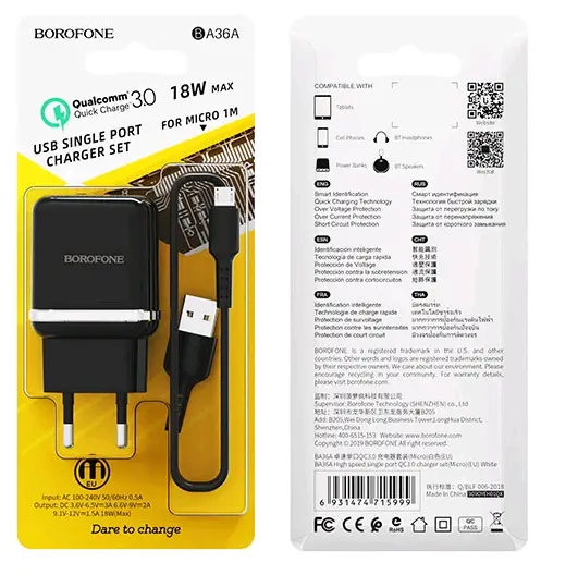 * СЗУ BA36A USB на MicroUSB QC3.0 Borofone