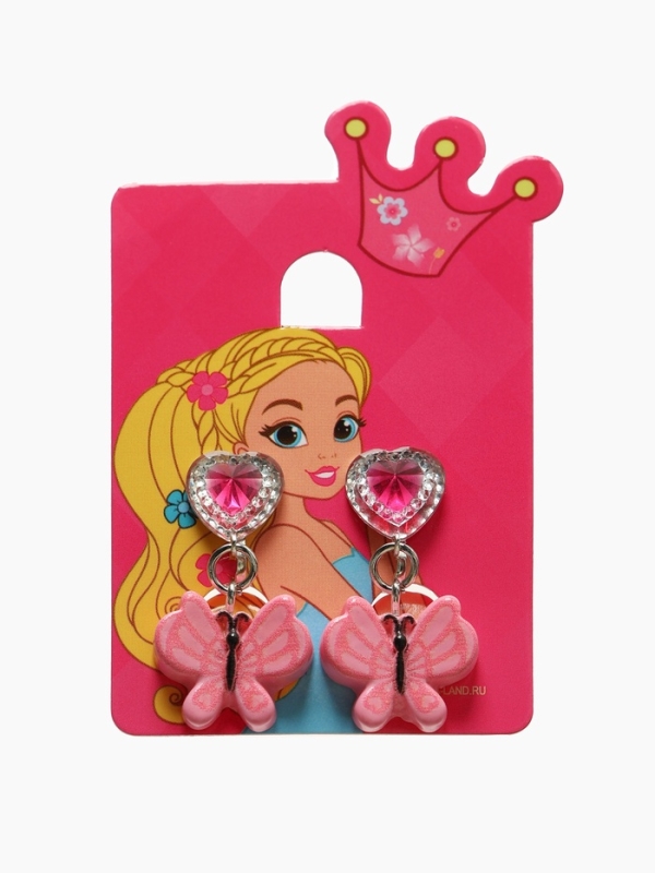 Серьги-клипсы детские "Выбражулька" бабочка драгоценность с сердцем кристалл, цвет розовый