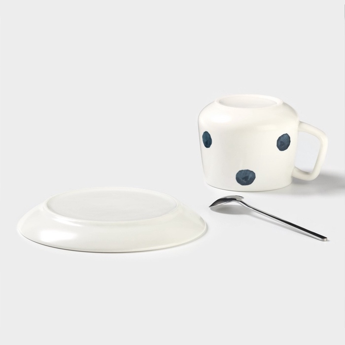 Чайная пара &laquo;Горошек&raquo;, 220 мл, с ложкой, блюдце d=15, кружка 9,5&times;7,5&times;7 см, керамика, белая