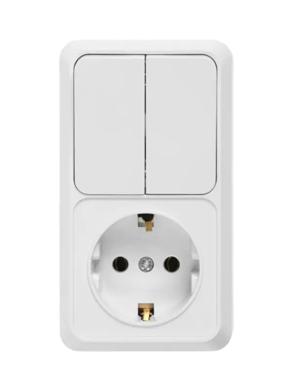 Выключатель с розеткой вернтикальный TANGO, 16 А, 2 клавиши + розетка, IP 20, открытой проводки с за