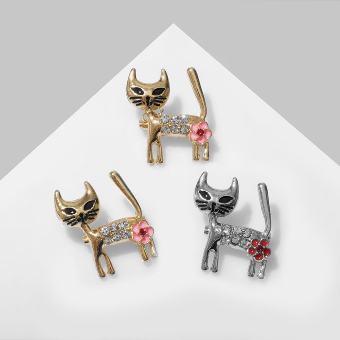 Брошь &laquo;Кошечка&raquo; с цветком, цвет МИКС (неделимая фасовка 12 шт., цена за шт.)