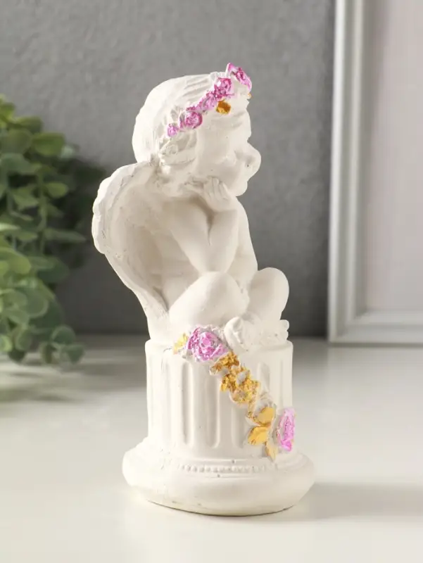 Фигурка гипс &laquo;Ангел на тумбе с цветами&raquo;, 15&times;7 см, белый с росписью