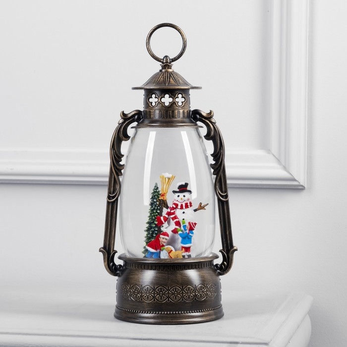 Светодиодная фигура &laquo;Фонарь с детьми и снеговиком&raquo; 15 &times; 30 &times; 12.5 см, пластик, батарейки ААх3 (не в комплекте), USB, свечение тёплое белое
