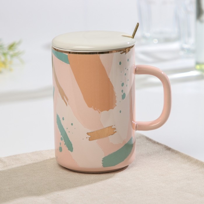 Кружка керамическая с крышкой и ложкой &laquo;Анабель&raquo;, 350 мл, рисунок МИКС