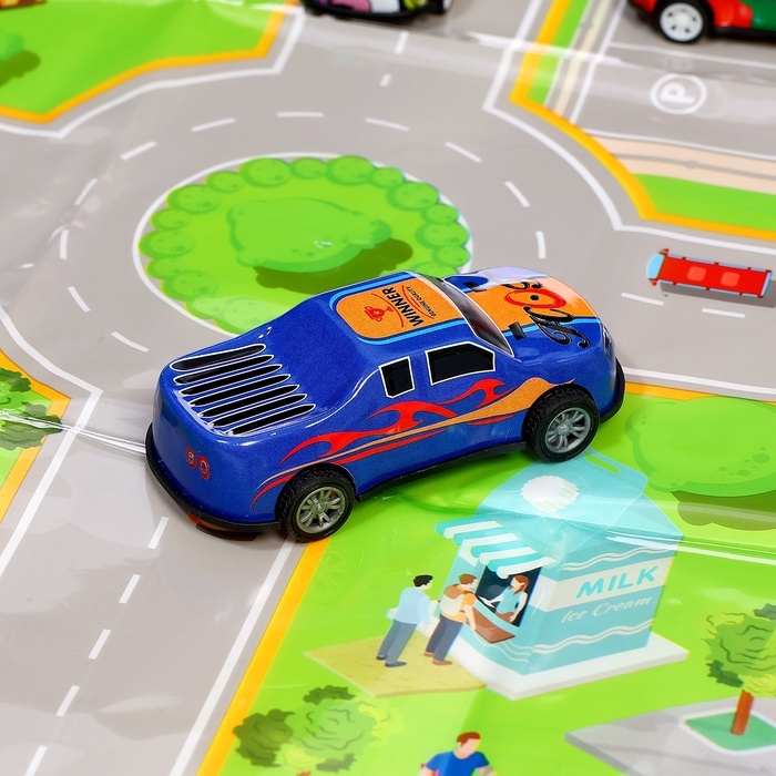 Набор машинок &laquo;Безумные гонки&raquo;, металлические, инерция, игровой коврик, в детском ящике на колёсах с крышкой, 50 шт.