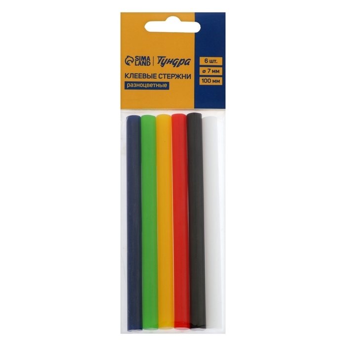 Клеевые стержни ТУНДРА, 7 х 100 мм, разноцветные, 6 шт.