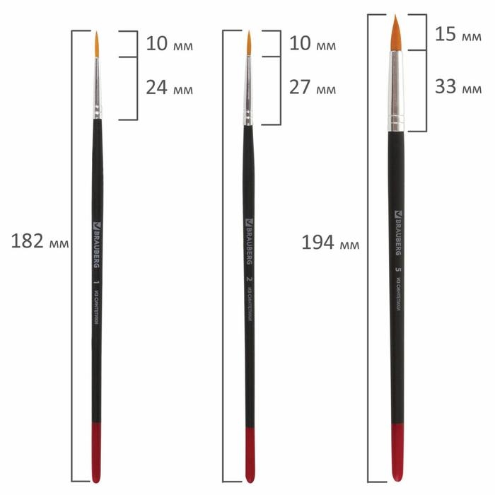 Набор кистей, синтетика, 5 штук, BRAUBERG (круглая, № 1, 2, 5, плоская № 5, 8), блистер