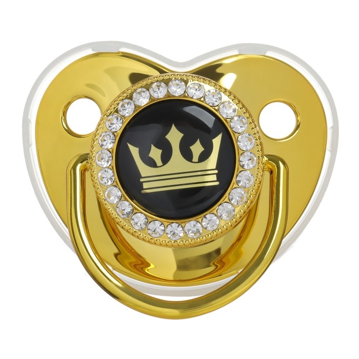 Соска - пустышка силиконовая ортодонтическая &laquo;Корона&raquo;, от 6 мес., с колпачком + держатель - цепочка, цвет золотой/черный, стразы