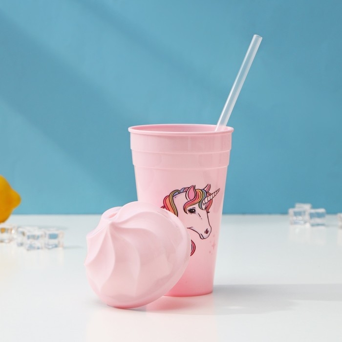 Стакан &laquo;Сказочный единорог&raquo;, 450 мл, с крышкой и трубочкой, рисунок МИКС
