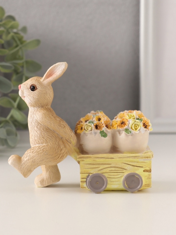 Сувенир полистоун "Зайчик везёт цветочные горшки на тележке" 11х4х10 см