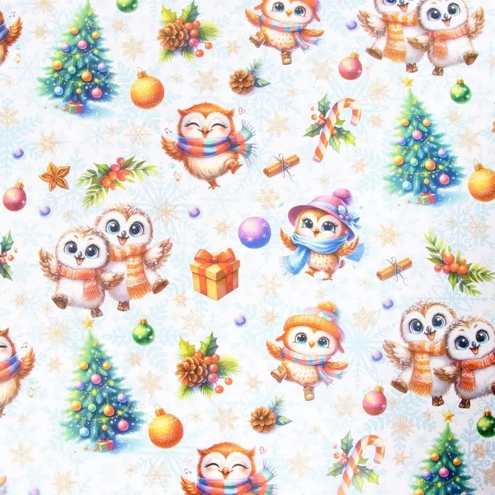 Бумага упаковочная новогодняя "Совушки", глянец, двусторонняя, 80 г/м2 , 70 х 100 см.