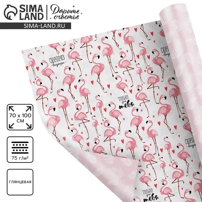 Бумага упаковочная глянцевая двухсторонняя &laquo;Фламинго&raquo;, 70 х 100 см