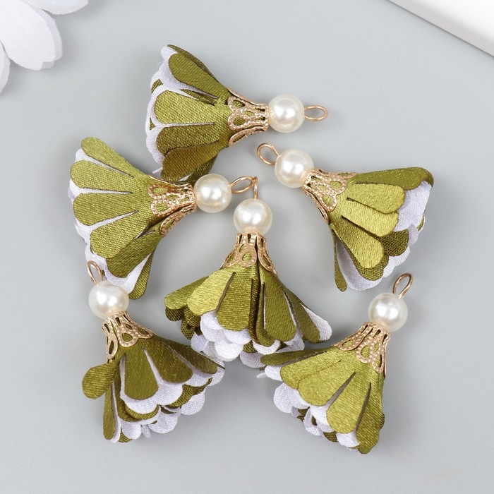 Декор текстиль "Цветок 2 цвета с жемчужиной. Оливковый и белый" набор 6 шт 3 см