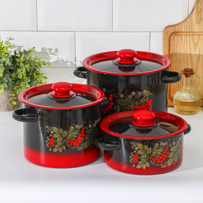 Набор кастрюль &laquo;Рябинка&raquo;, 3 предмета: 2 л, 3.5 л, 5.5 л, эмалированные крышки, индукция
