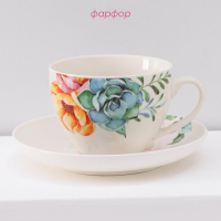 Сервиз фарфоровый чайный Доляна &laquo;Пташка&raquo;, 12 предметов: 6 чашек 250 мл, 6 блюдец d=15 см