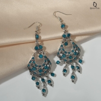 Серьги висячие со стразами &laquo;Восток&raquo; веер, цвет голубой в чернёном серебре, 9 см