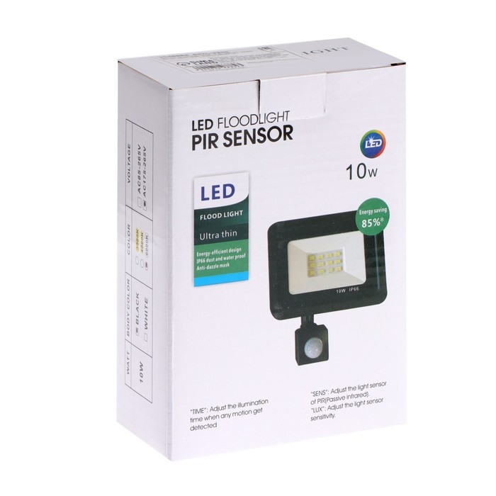 Прожектор светодиодный, 10 Вт, 900 Лм, 6500К, Датчик движения, IP66,