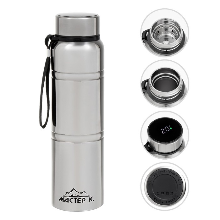 Термос, 1 л, Warm, сохраняет тепло 24 ч, с ситечком, с датчиком температуры, хром