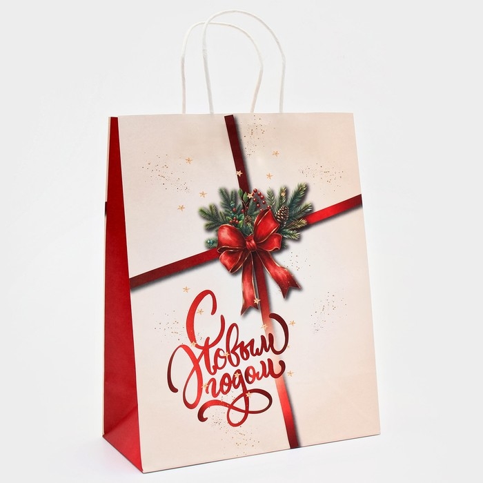 Новый год. Пакет бумажный подарочный новогодний крафт "Подарок" 32 х 26 х 11 см.